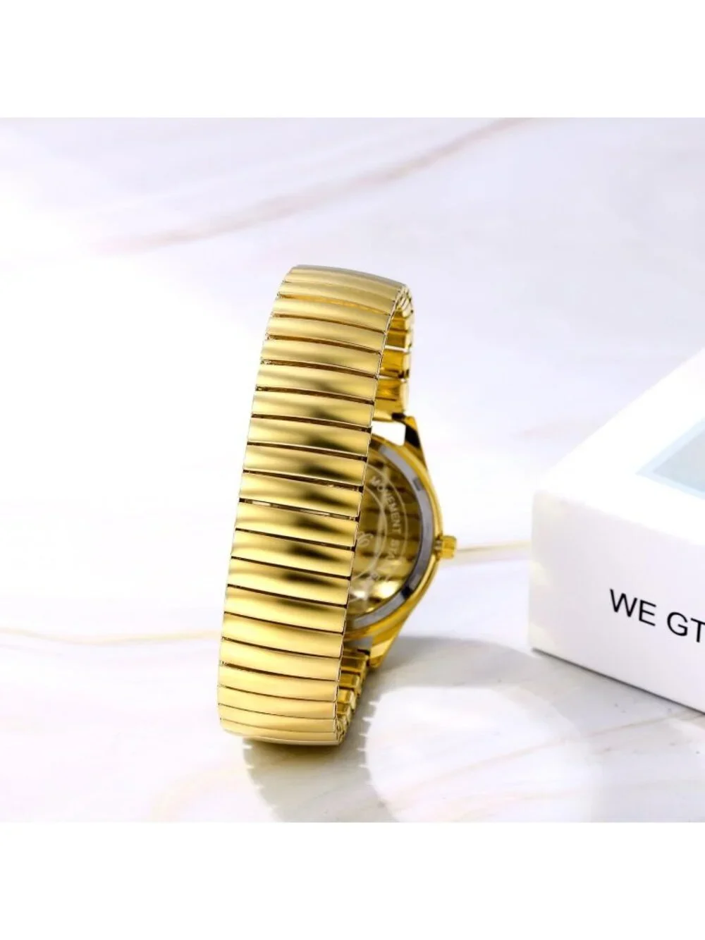Womens Gold Analog Quartz Luminous Easy Reader Stretch Band Calendar Wrist Watch